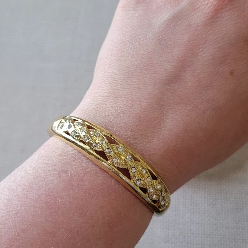 Gold Rhinestone Twisted Hinged Bracelet
